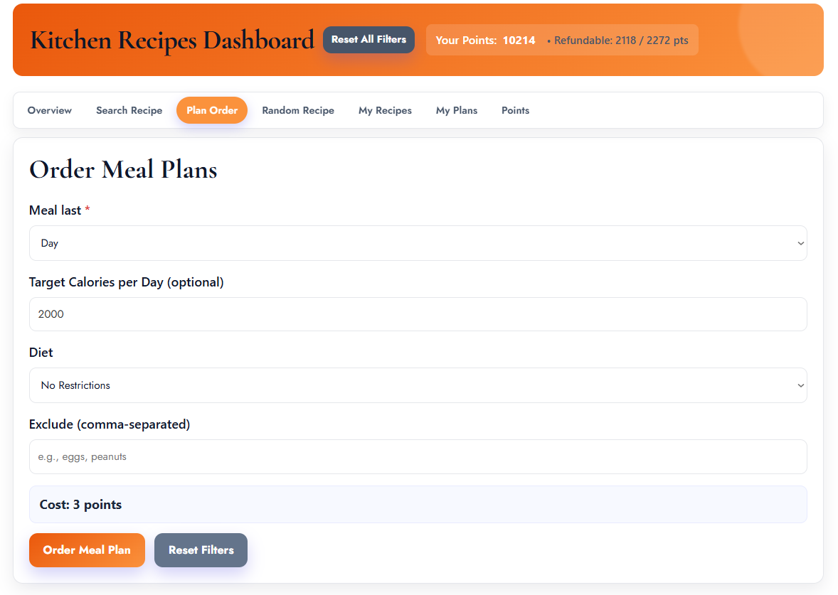 Meal plan form and rendered plan (placeholder)