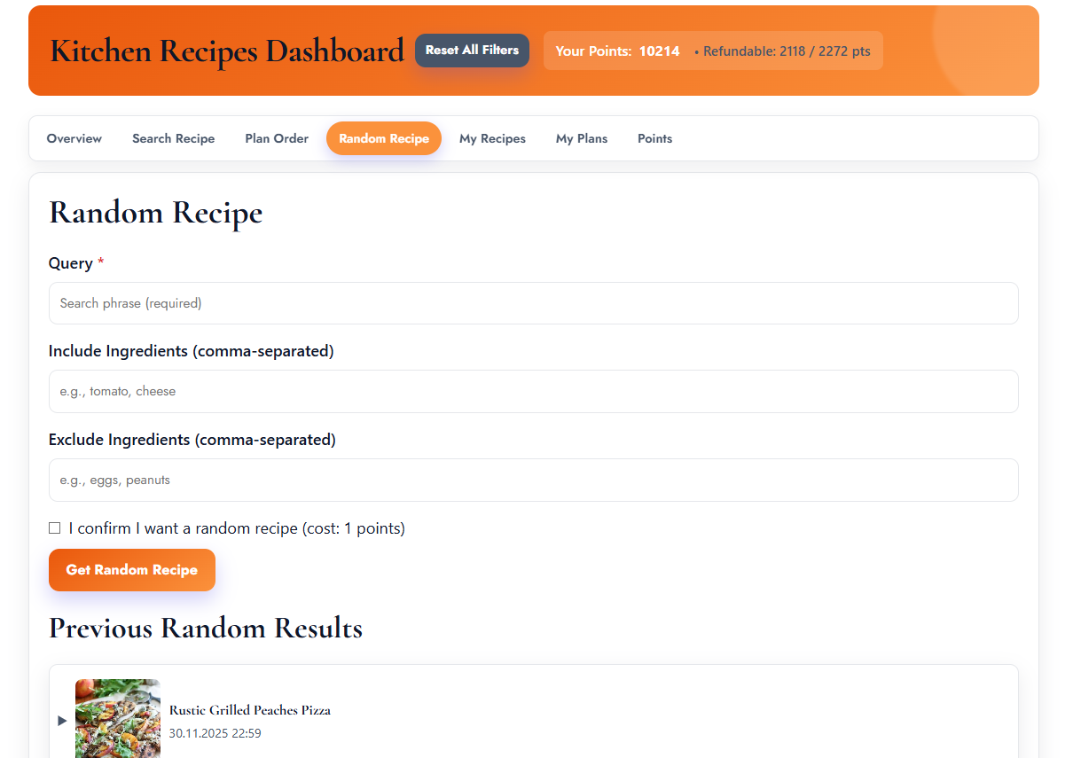 Random recipe form and result (placeholder)